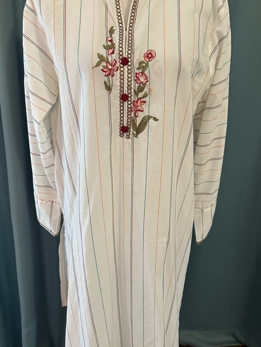 Beechtree Women’s Size 12 Loose Fit Tunic Dress Embroidered Floral Striped Kurta